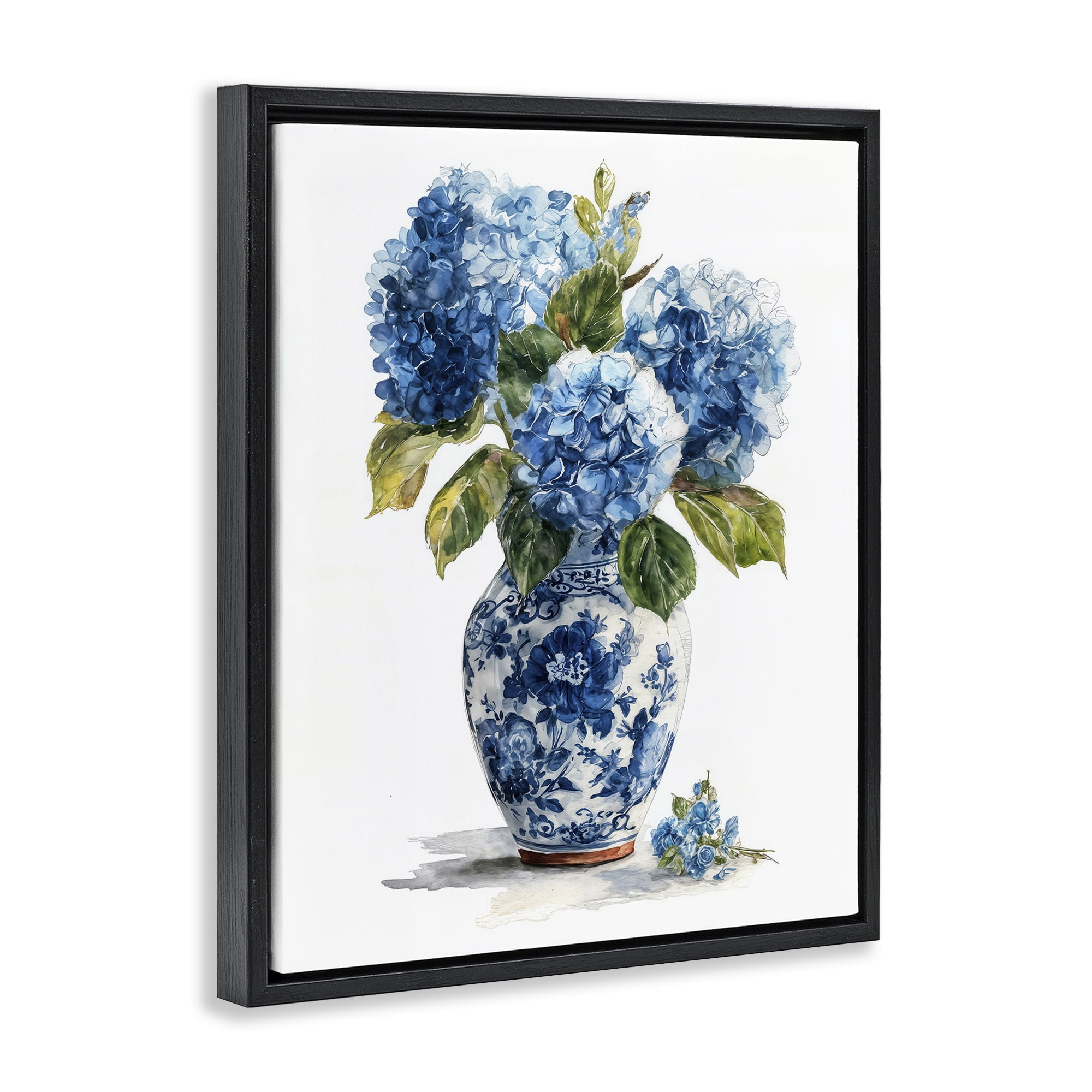 Stupell Industries Porcelain Vase with Hydrangea Bouquet Black Framed Floater Canvas Wall Art, design by Imagine It Images