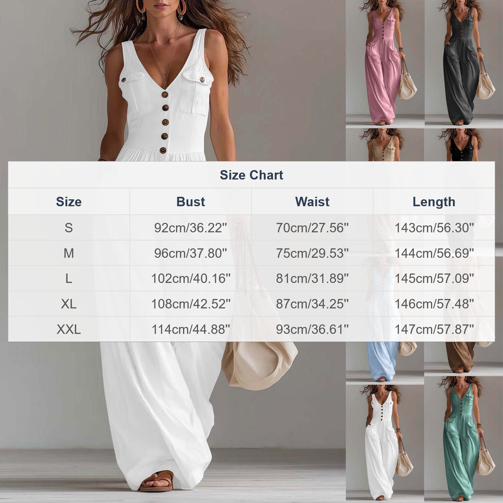 ZGRBOU Women's Jumpsuit V Neck Sleeveless Solid Button Down Wide-Leg Pant Vintage Western High Waist Going Out Romper