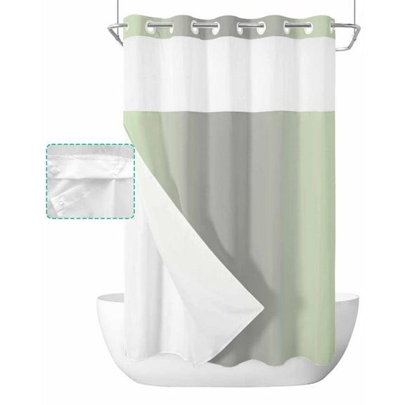 No Hook Shower Curtain with Snap in Liner, Ombre Abstract Gradient Light Green and Gray Hotel Shower Curtains for Bathroom, Washable Shower Curtain Liner Set with Mesh Top Window, 36"x78"