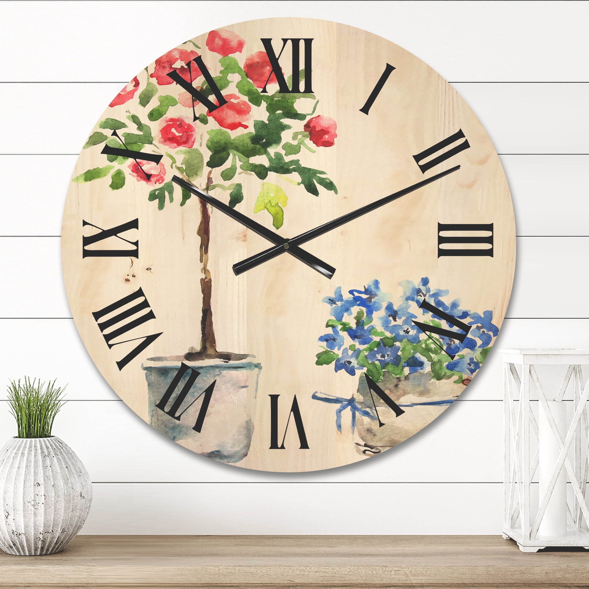 Designart 'Red and Blue Houseplants' Traditional Wood Wall Clock