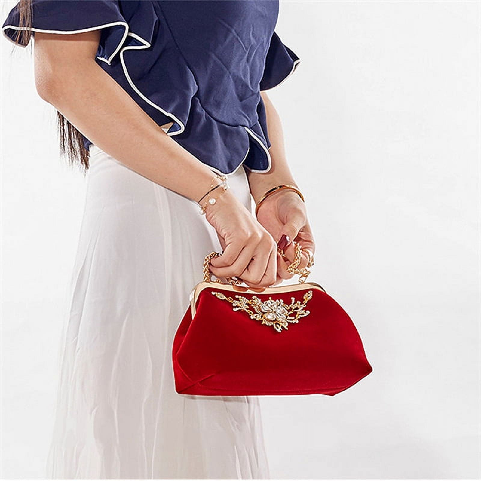 Female Diamond Pearl Handbag Vintage Crystal Flower Evening Bag Wedding Party Bride Clutch Bag Purse Red