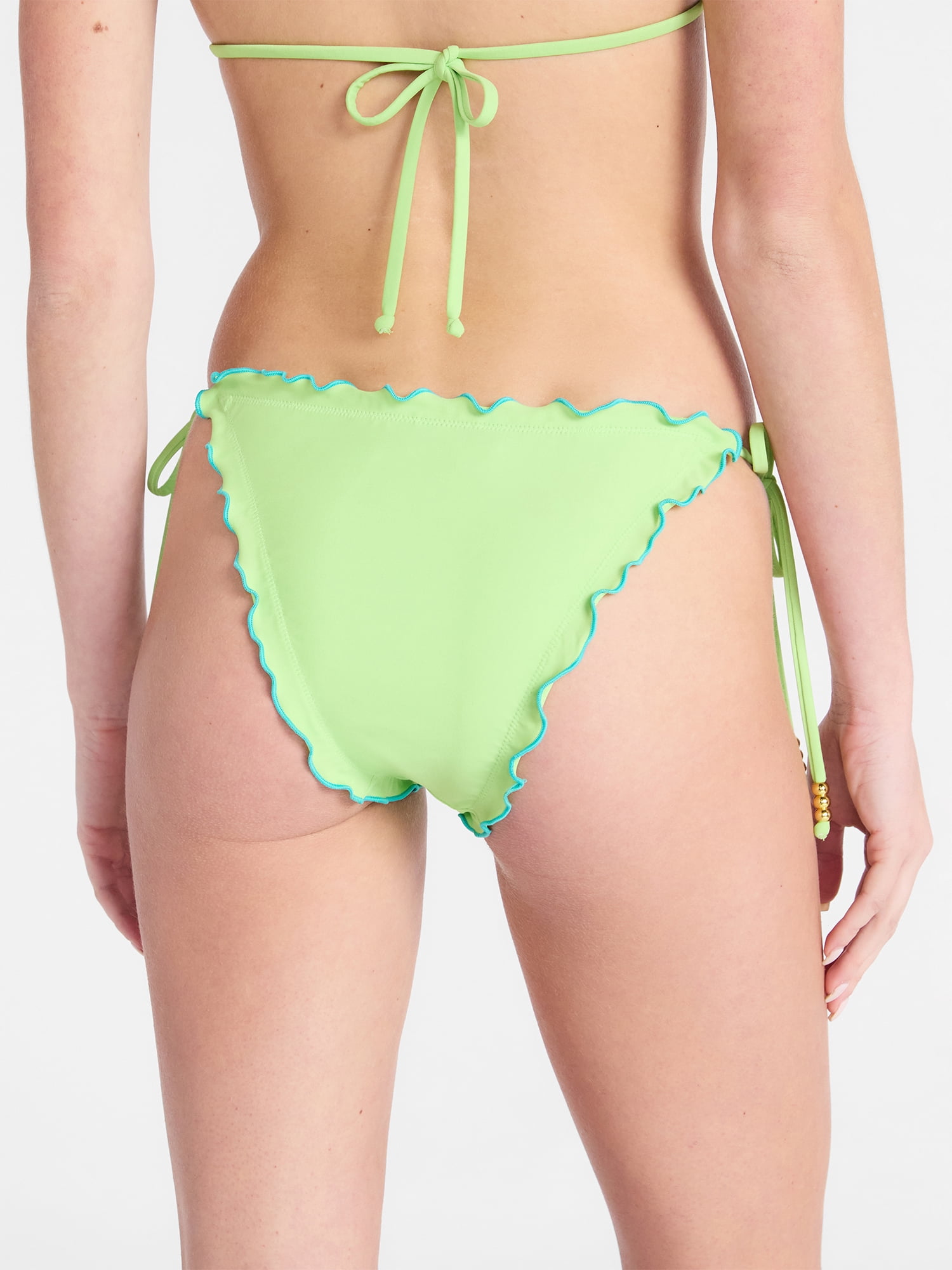 No Boundaries Hibiscus Low Rise Lettuce Edge String Swim Bottoms, Women's XXS-XXL