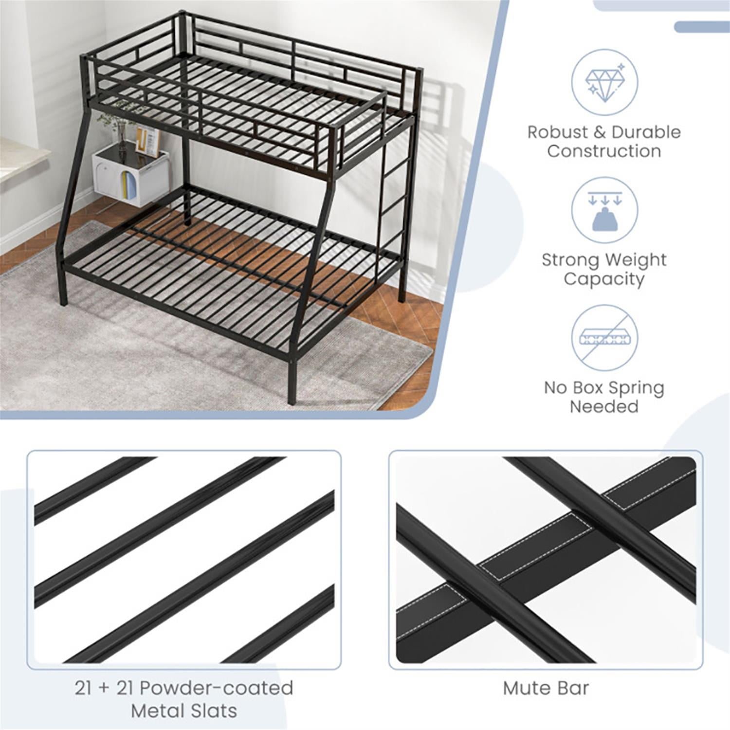 Demi Bonn Twin Over Full Bunk Bed with Safety Rail and Ladder, Twin Bunk Beds, Space-saving Metal Slatted Bed Frame, No Box Spring Needed, Black