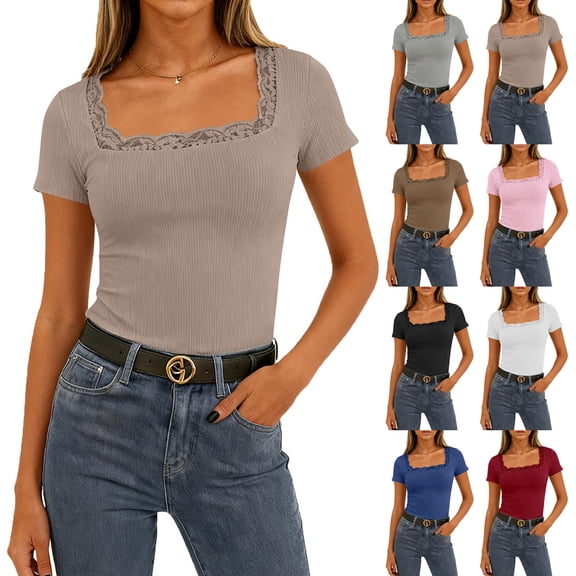 Stichou Womens Short Sleeve Tops Casual Slim Fit T-Shirt Lace Crew Neck Ribbed Knit Shirts 2026 Spring Summer Trendy Going Out Basic Tee Khaki S