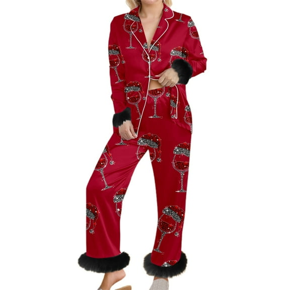 Women Christmas Pajamas Trim Long Sleeve Christmas Theme Printed Shirts Pants Cozy Sleepwear Set Pjs Sets for Women L