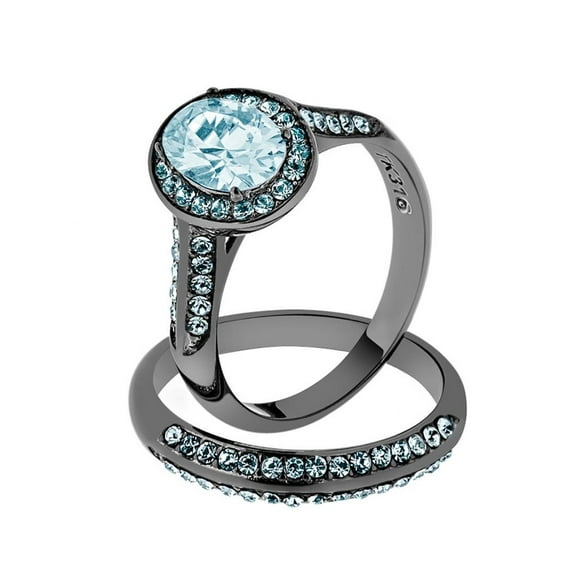 2.65 Ct Sea Blue Cz Halo Gray Stainless Steel Wedding Ring Set Women's Size 6