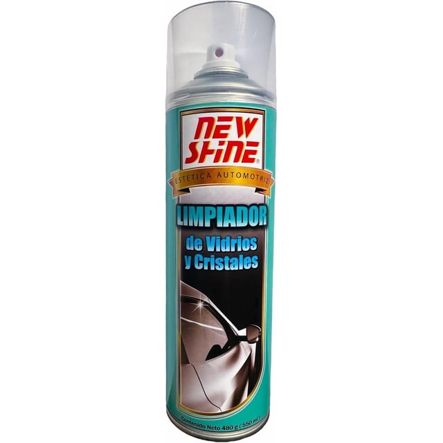 limpiador para vidrios y cristales new shine Azul, lata aerosol vista frontal con etiqueta verde y logo rojo NEW SHINE, texto grande "LIMPIADOR de Vidrios y Cristales" y foto de parabrisas; a menudo usado también para limpiar espejos interiores y cristales decorativos.