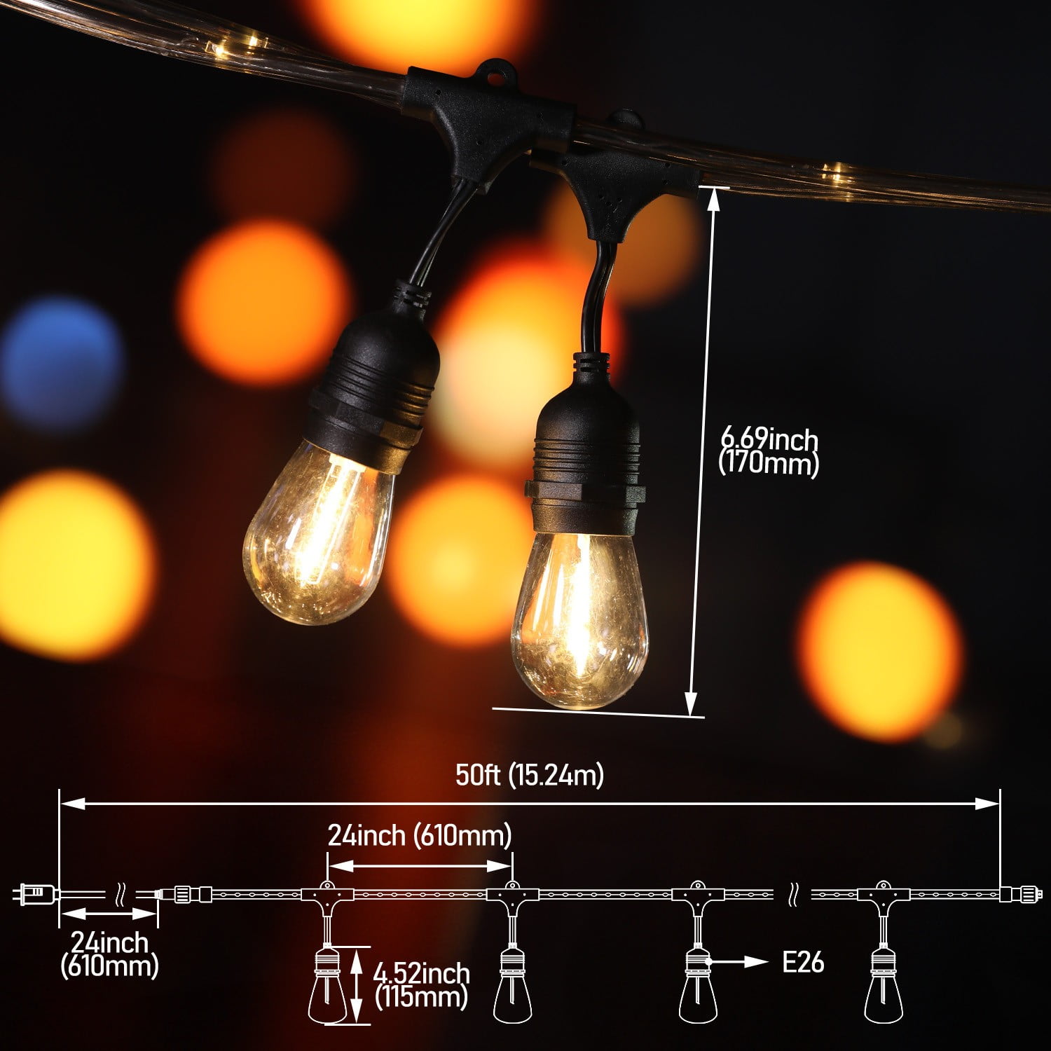 2 Pack Outdoor String Lights, Commercial Grade Decorative String Lights, Fairy Neon String Light, Full Lighting Design, 24 Bulbs Included