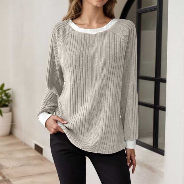 MHFRRA Camisetas Casuales para Mujer, Corte Holgado, Manga Larga, Cuello Redondo, Jersey Elegante y Cómodo, Ropa Informal para Uso Diario. Beige
