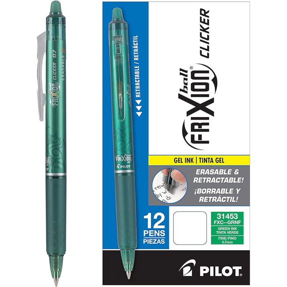 Pilot, FriXion Clicker Erasable Gel Pens, Fine Point 0.7 mm, Pack of 12, Green