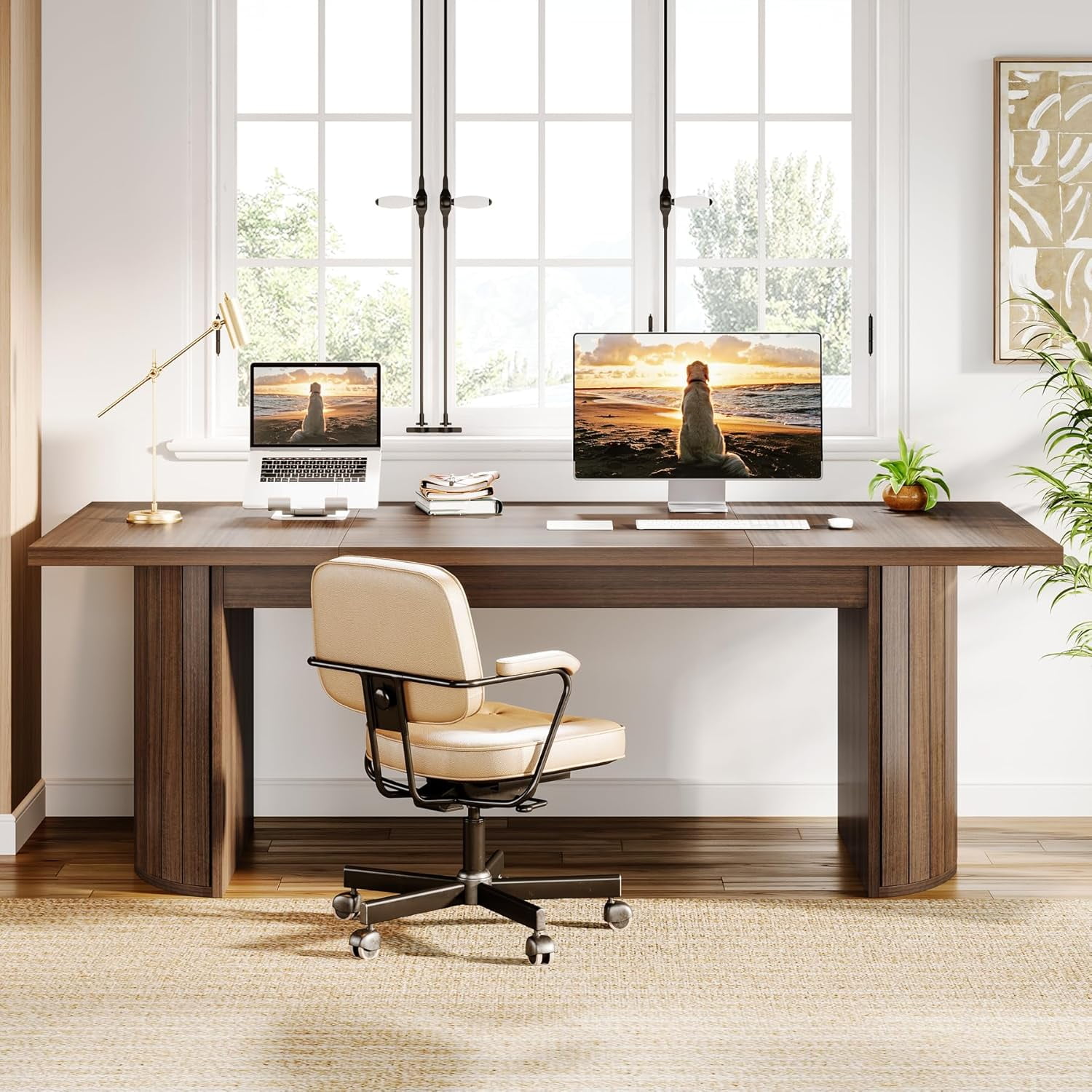Tribesigns 78.74" Extra Long Executive Desk, Large Computer Office Desk with Wooden Double Pedestal, Rustic Farmhouse Study Writing Table Workstation for Home Office (Walnut)