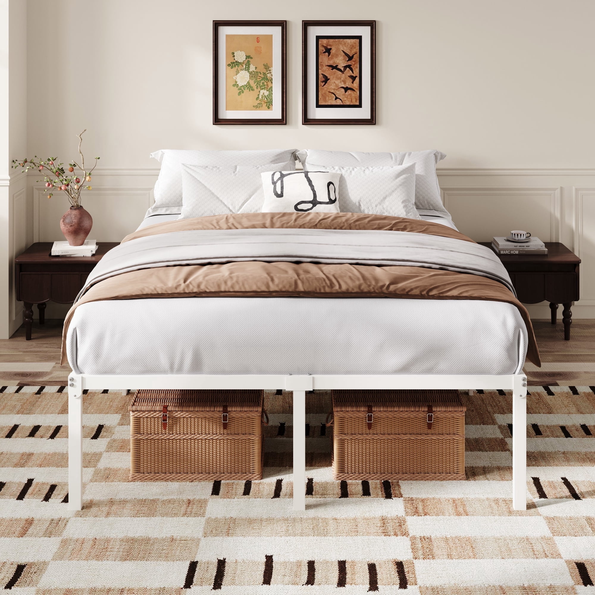 Amolife Heavy Duty Queen Size 18'' Metal Platform Bed Frame with Ample Under Bed Storage Space, White