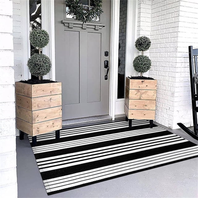 Washable Doormat Indoor Outdoor Rug 27x43 Inch | Non Slip Front Door Mat Porch Kitchen Bathroom Area Rug | Blue White Striped Modern Durable Cotton Polyester Carpet | Easy Clean Layered Entryway