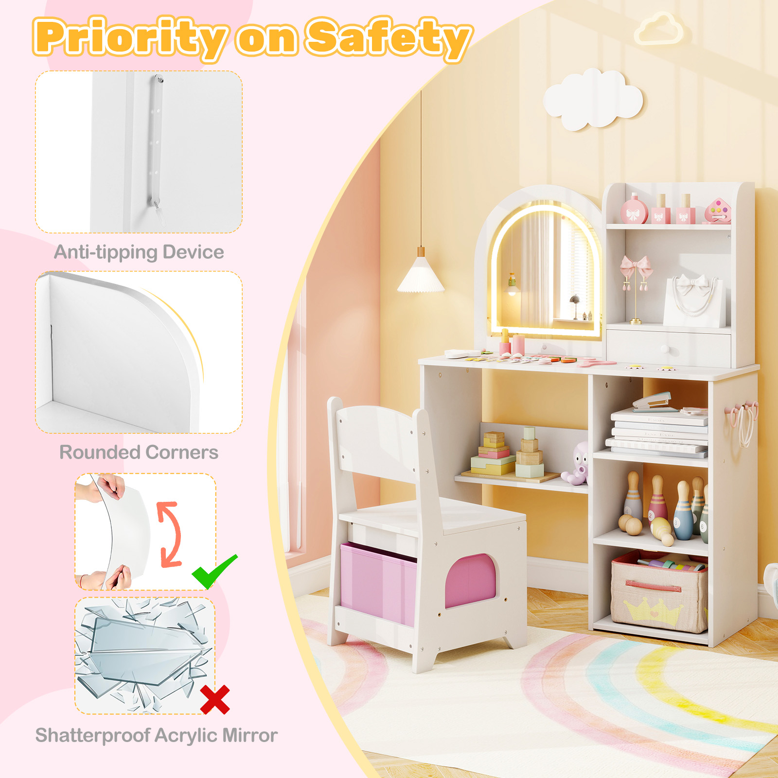 Gymax Kids Vanity Set Princess Girls Makeup Vanity Desk w/ 3-Color LED Lighted Mirror White