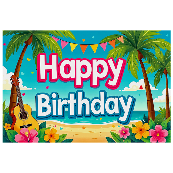 Tropical Themed Happy Birthday Backdrop Banner with Palm Trees Guitar and Flowers Party Decoration for Birthday Party Photography Props Outdoor Celebrations