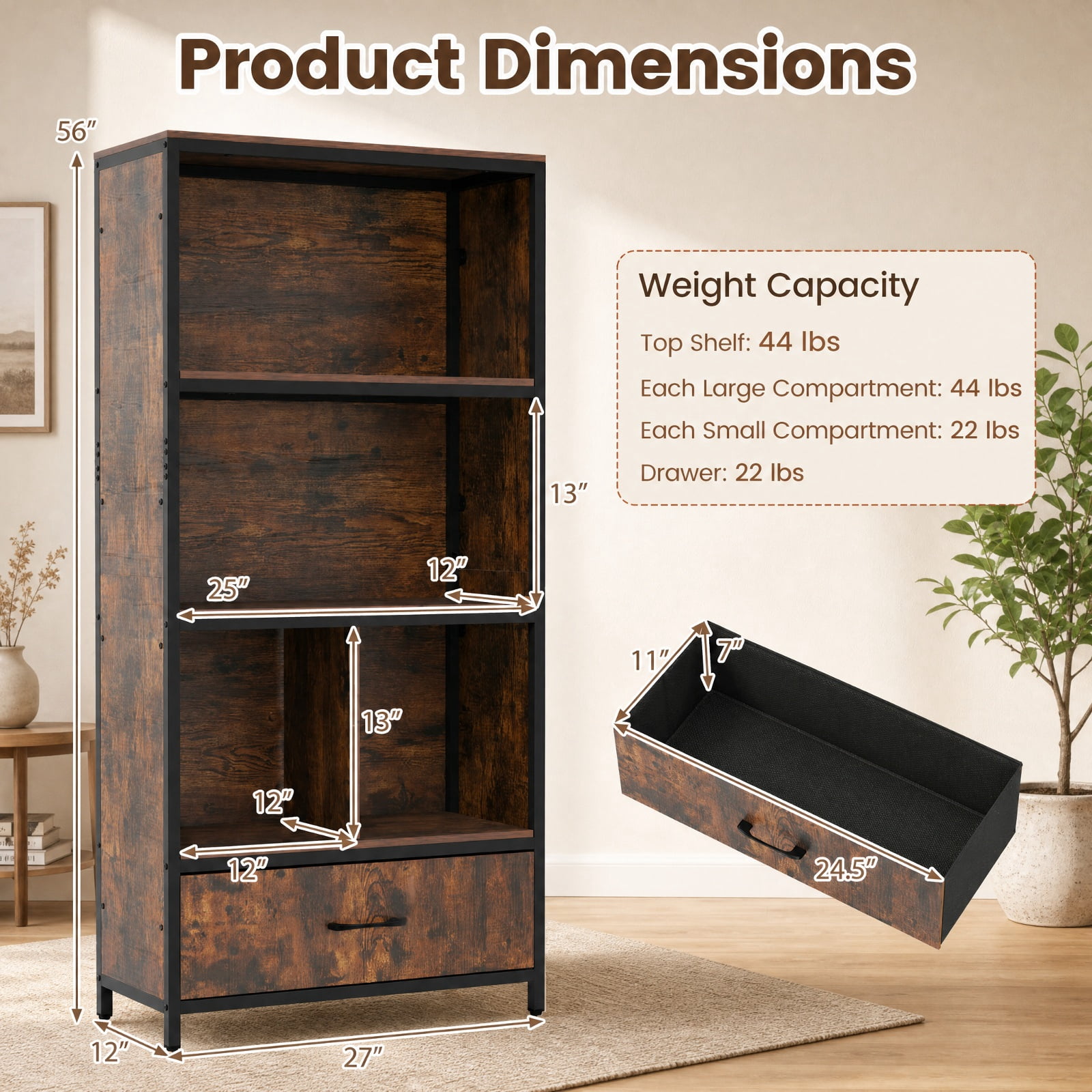 Furnibear 56" Tall Freestanding Bookcase with Drawer 5 Tier-RusticBrown for Living Room Home Office Bedroom Display Storage Shelf, Coffee