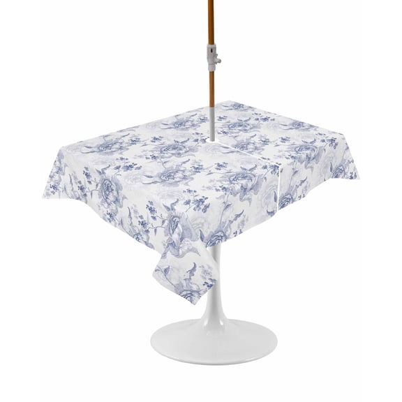 Blue Spring Floral Rectangle Outdoor Tablecloth, Waterproof Table Cloth Cover with Umbrella Hole and Zipper, Summer Botanical Elegant Flowers Table Protector for Patio Party Picnic 52"x70"