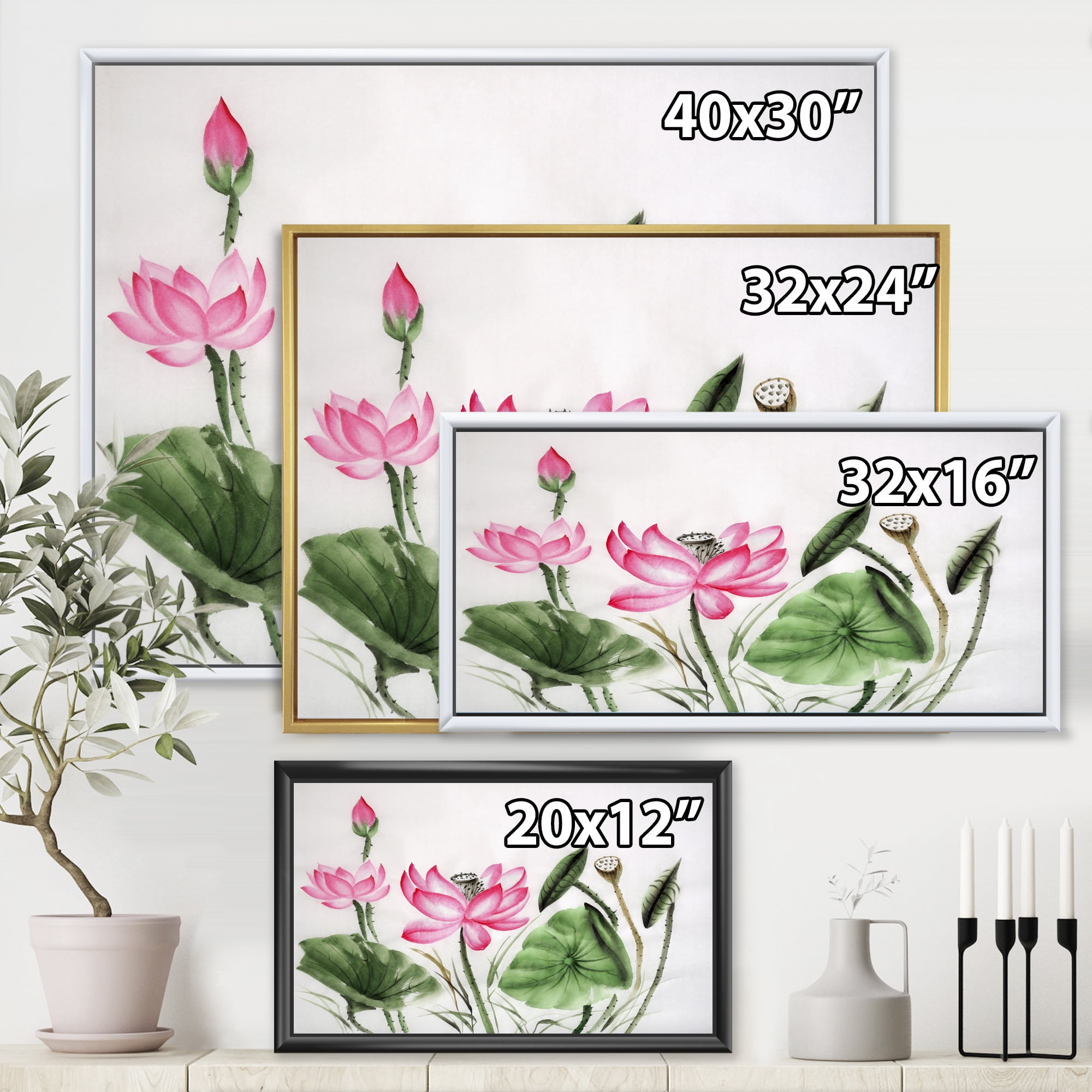 Designart 'Ancient Pink Lotuses In The Pond II' Traditional Framed Canvas Wall Art Print