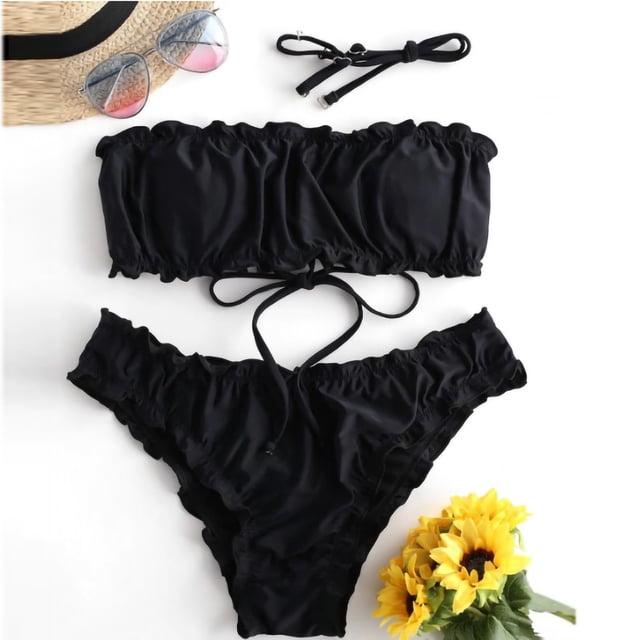 Women Elastic pleated Sexy Solid Color High Waist Split Swimsuit Bikini