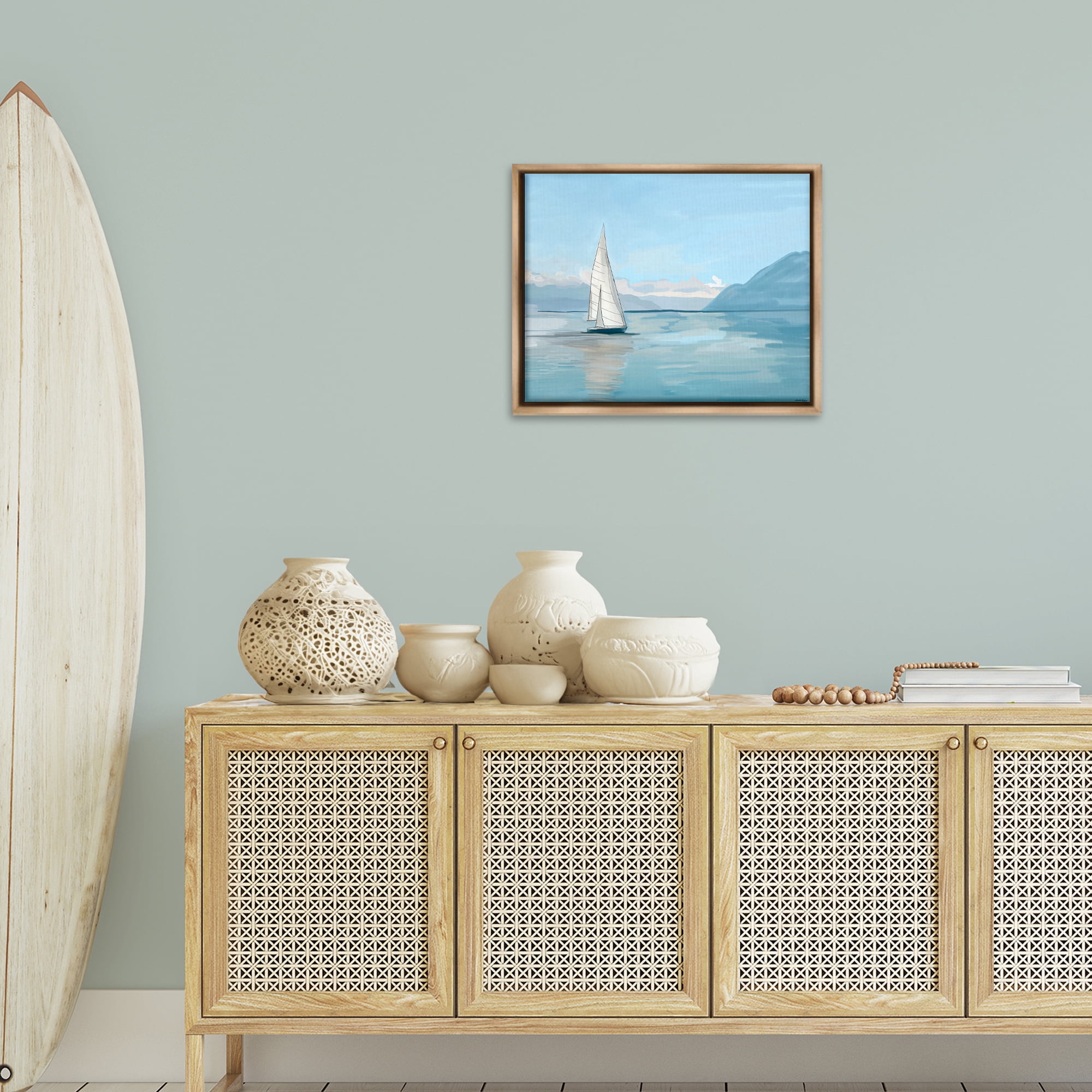 Stupell Industries Peaceful Sailboat on Water Nautical & Beach Painting Brown Floater Framed Canvas Art Print Wall Art, 21 x 17