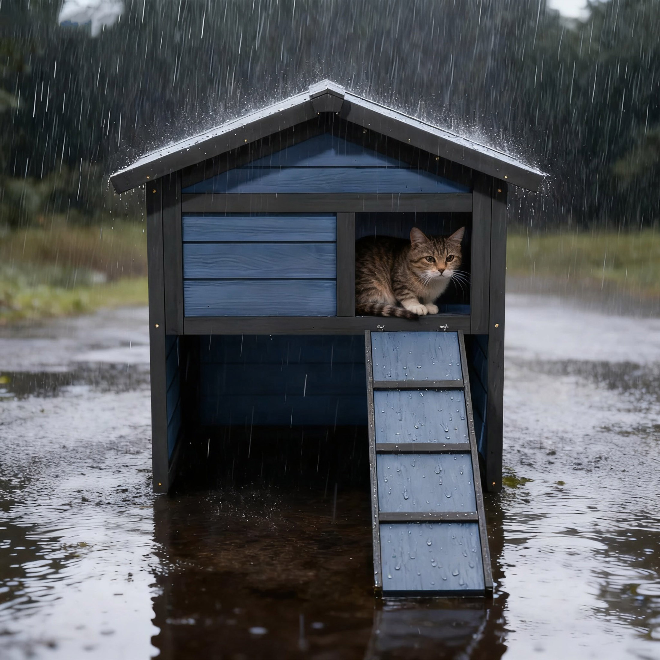 Insulate Cat House with Escape Doors,Outdoor Cat Shelter for Winter,All Weather 2 Story Cat House for Multiple Cat with Openable Roof,Blue