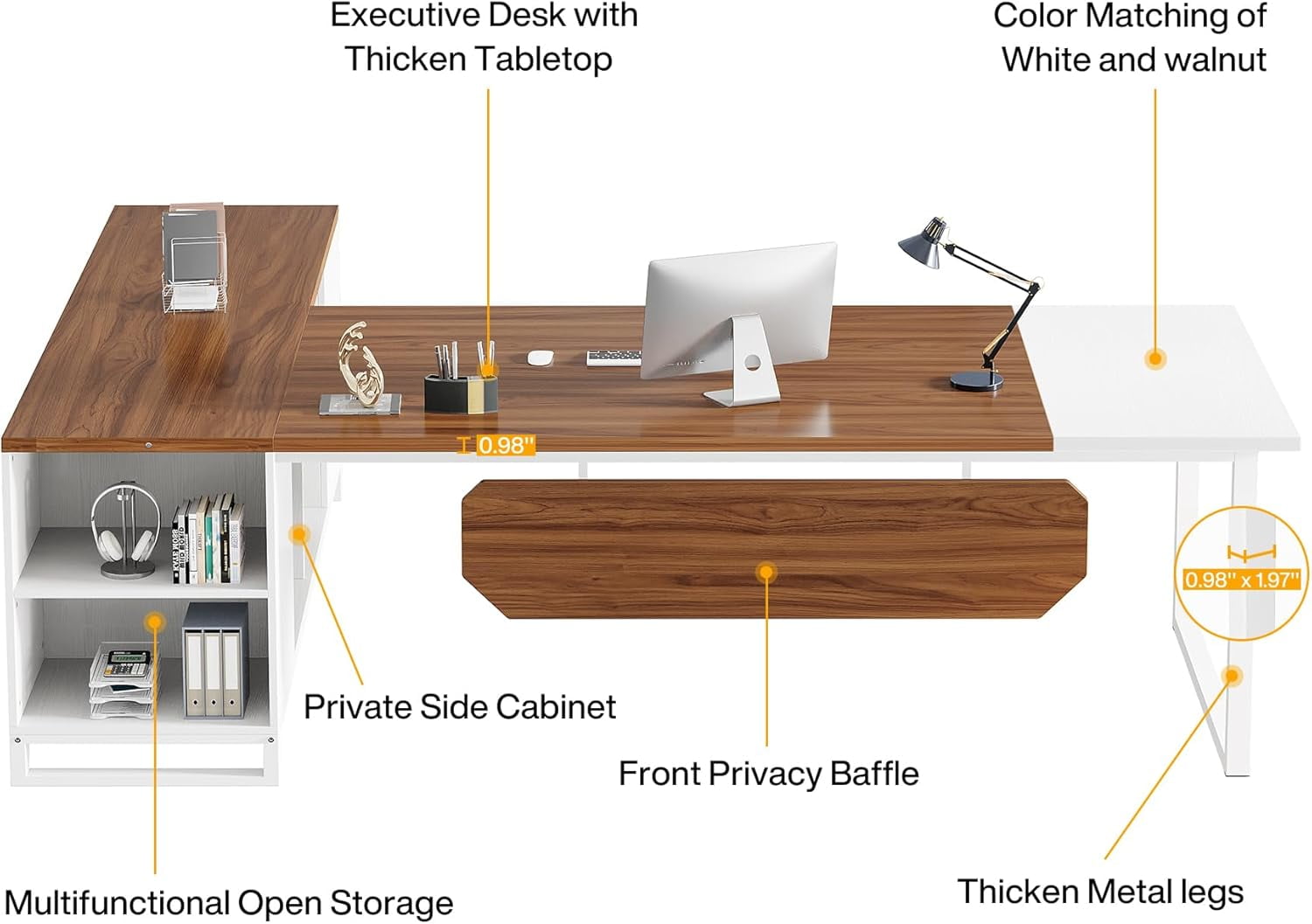 Tribesigns 70.8" Executive Desk with 55" File Cabinet, Industrial L Shaped Computer Desk, Large Executive Desk for Home Office, Walnut & White