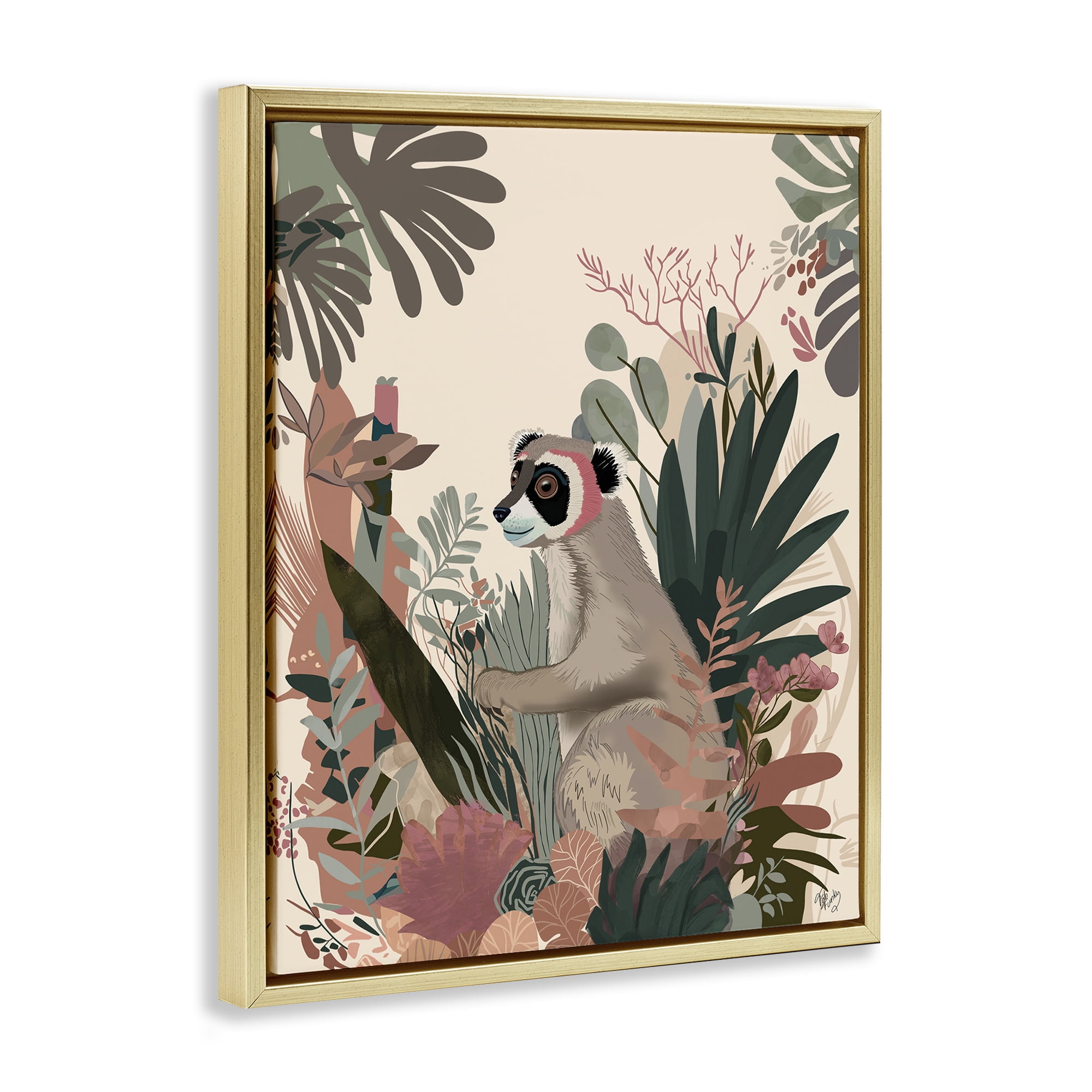 Stupell Industries Happy Lemur & Plants Animals & Insects Painting Gold Floater Framed Canvas Art Print Wall Art, 17 x 21