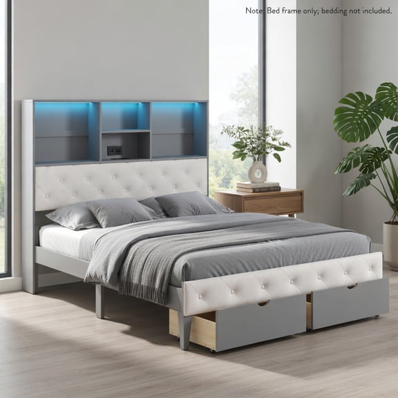 Resenkos Platform Bed Frame, Bedroom Bed Frame,Full Size Bed Frame with Bookcase Headboard and LED Lights-Gray