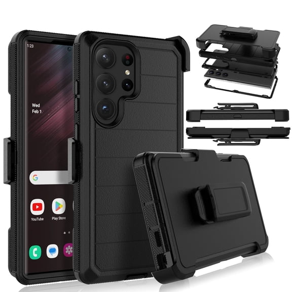 For Samsung Galaxy S23 Ultra Case,Takfox Holster Phone Case with Built-in Screen Protector Swivel Belt Clip [3 Layers] Heavy Duty Full Body Protection Shockproof Kickstand Cover- Black