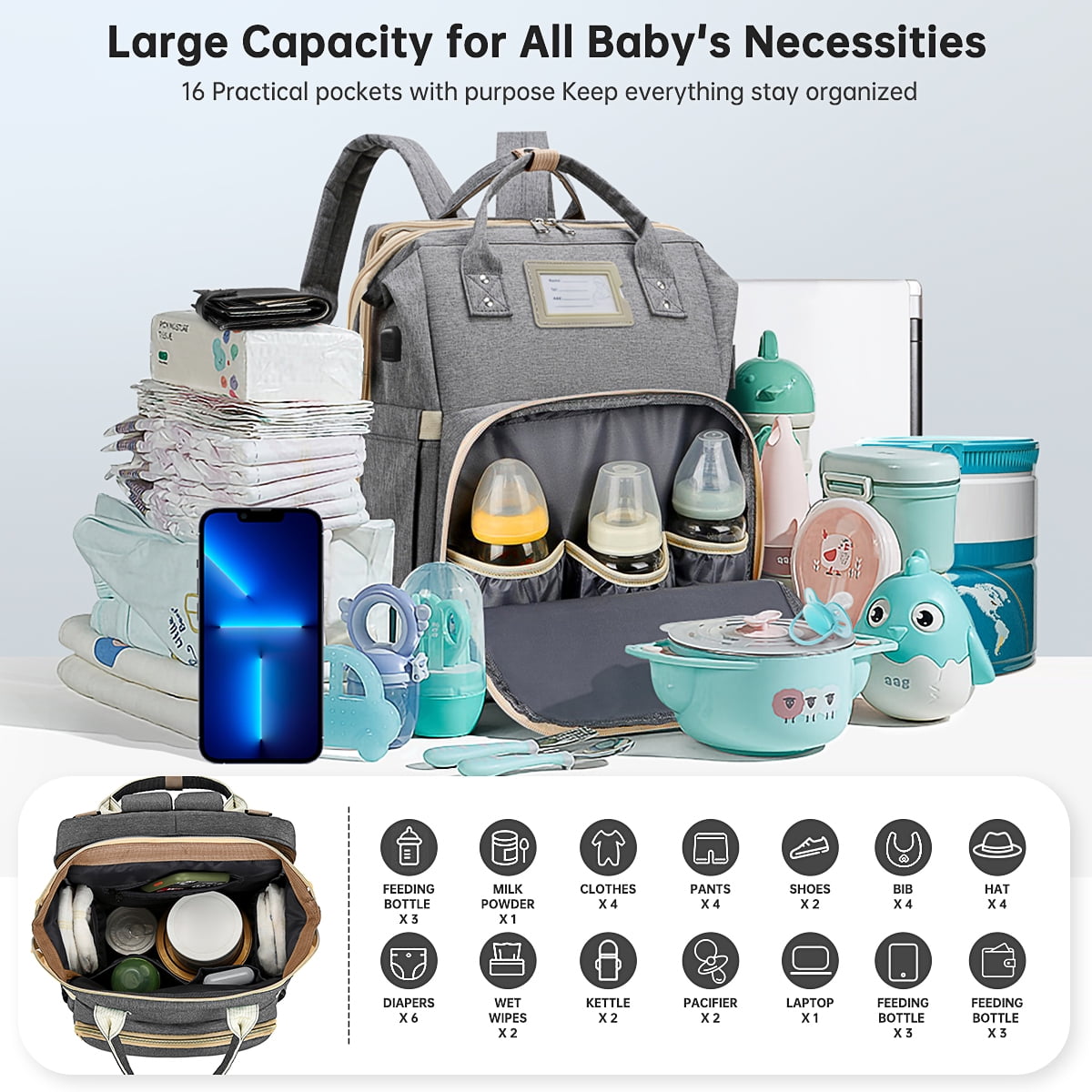 Diaper Bag Backpack, Multifunctional Baby Diaper Bag with Changing Station, Large Capacity Travel Backpack with Insulated Milk Bottle Pocket&Foldable Crib, USB Charging Port(Gray)