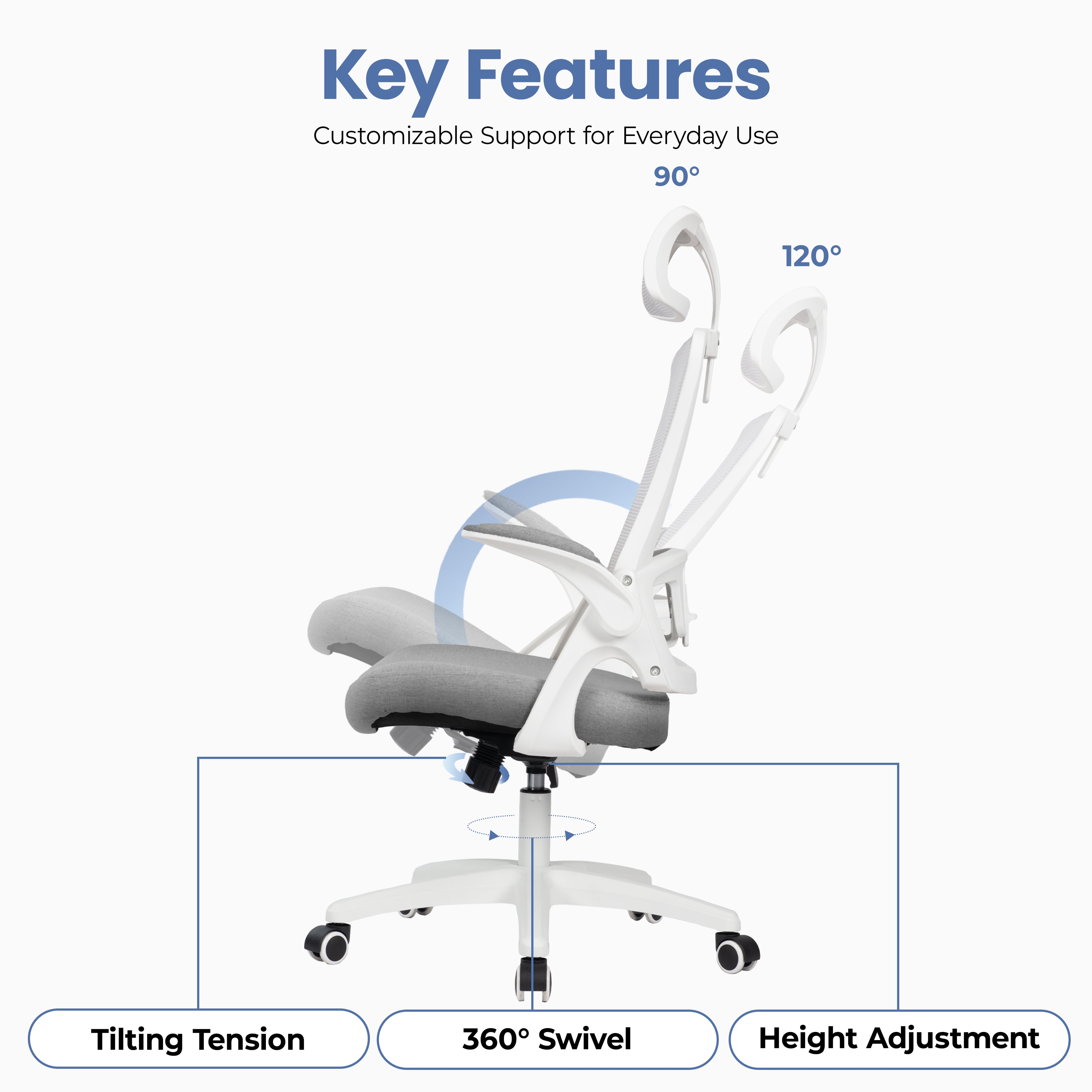 CELTOSS Ergonomic Office Chair, High Back Flip-Up Armrests Design, Adjustable Mesh Headrest and Lumbar Support, Gray