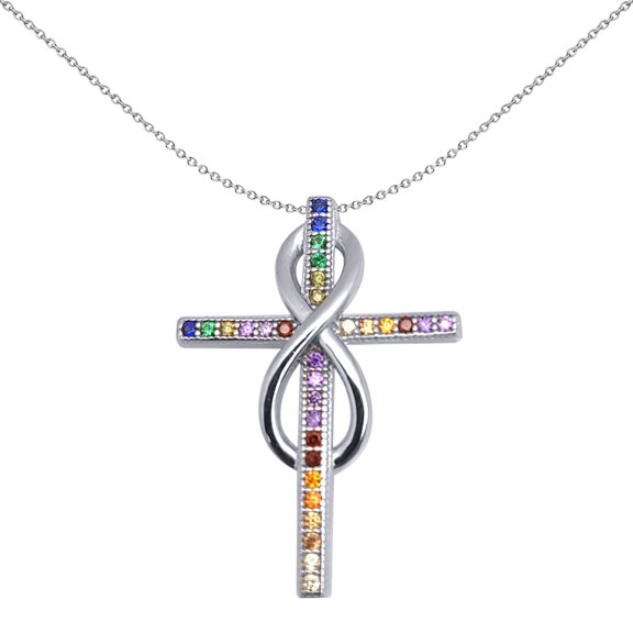 Sterling Silver Jewelco London Rainbow CZ Inifity Cross Pendant 26mm 18 inch