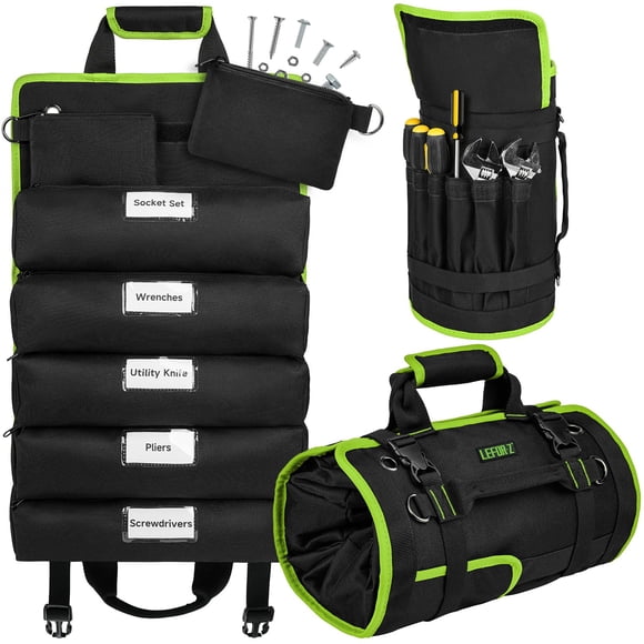 Bolsa organizadora grande enrollable Lefor·Z, 13 bolsillos, color negro y verde