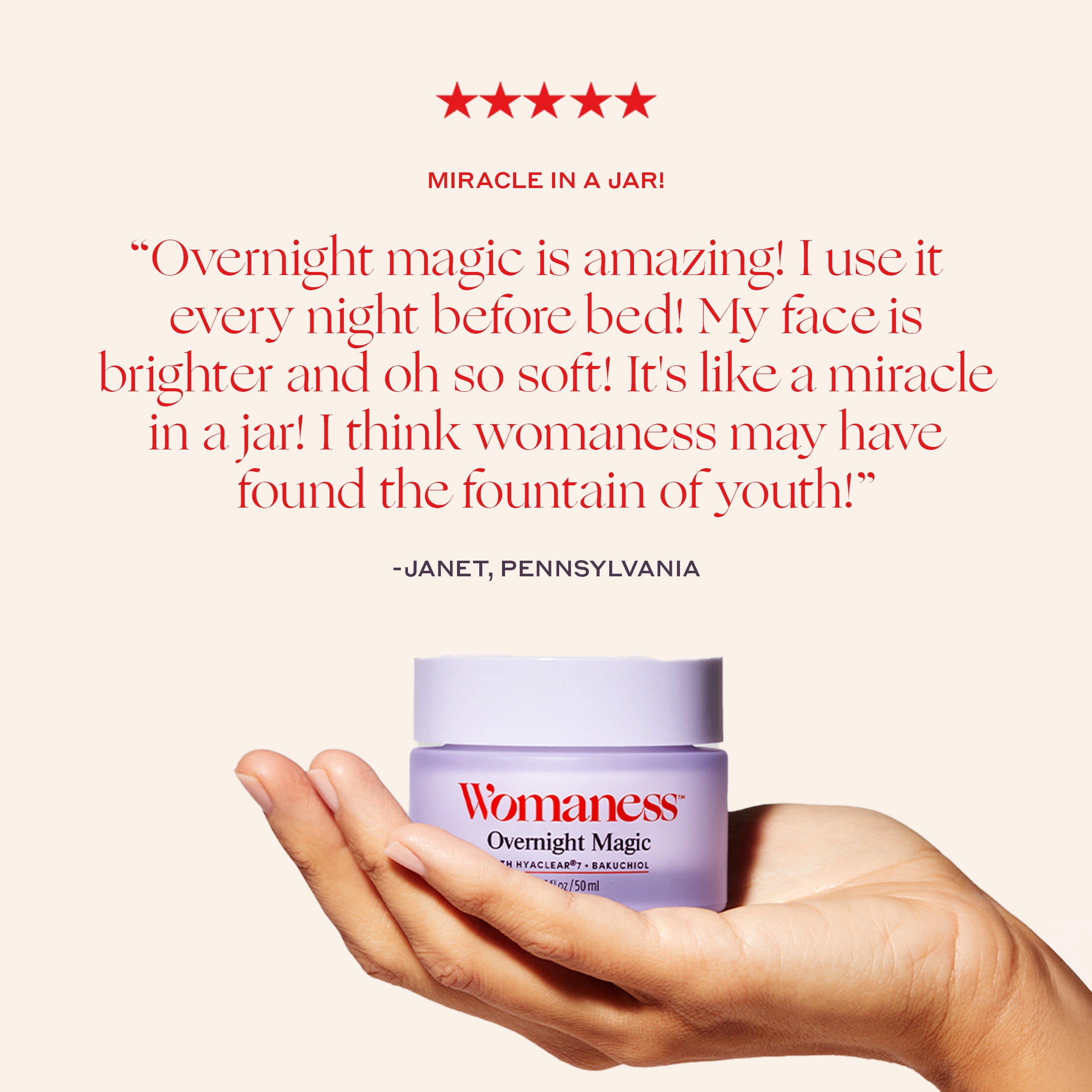 Womaness Overnight Magic Night Face Cream for Women, Anti Aging, Night Moisturizer with Hyaluronic Acid & Bakuchiol Retinol Alternative, 1.7 fl oz
