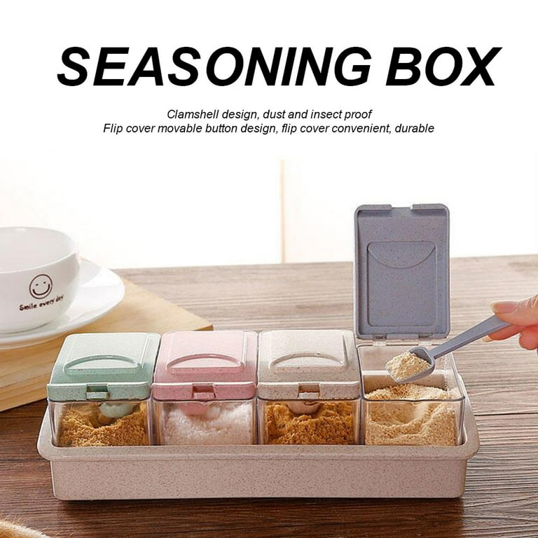 Kitchen Seasoning Box Set Wheat Straw Seasoning Jar Set with Spoon Spice Box  Condiment Sugar Salt Storage Organizer 