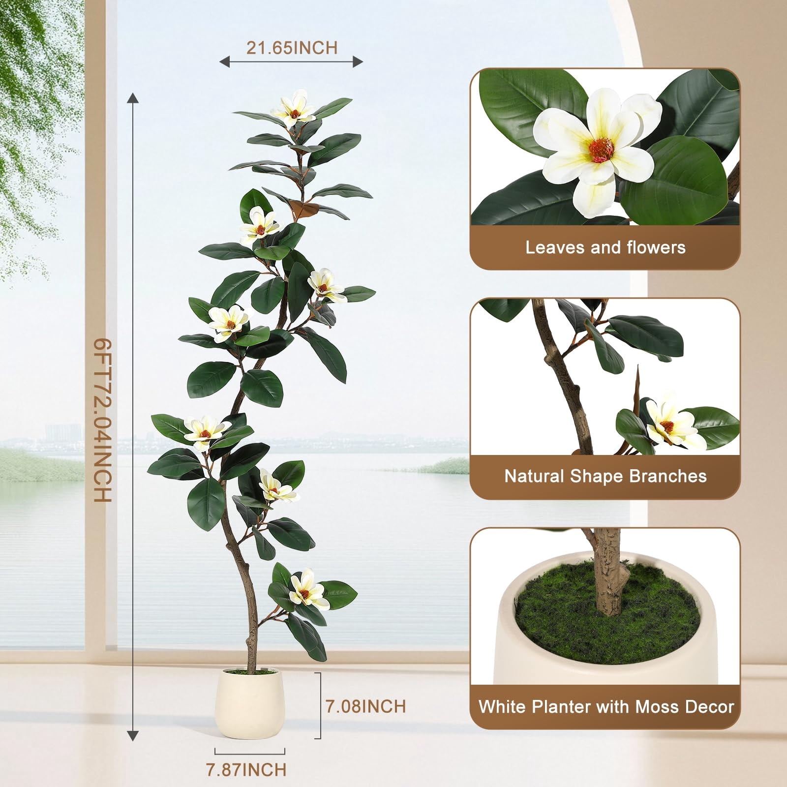 6FT Rubber Tree Artificial Tree, Fake Floor Plant with 7 Pcs Magnolia Flowers in White Planter Bonsai Planter, Indoor Tall Faux Plants for Living Room Home Decor, Gifts for Women