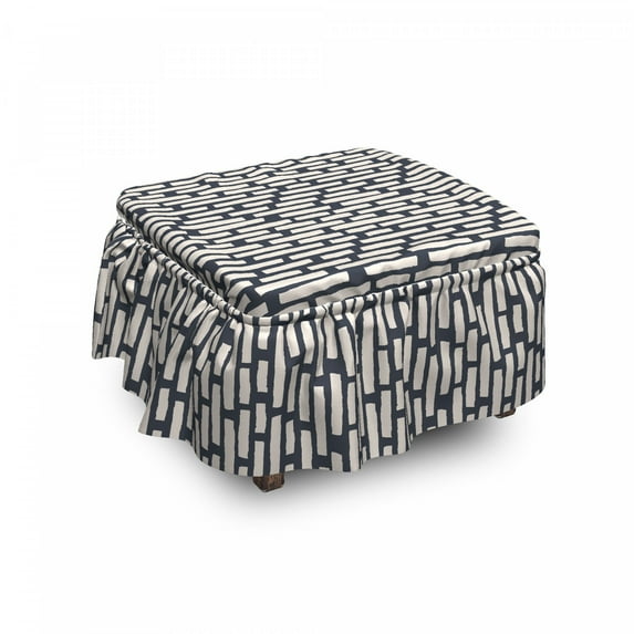 Abstract Ottoman Cover, Brushstroke Bold Bar, 2 Piece Slipcover Set with Ruffle Skirt for Square Round Cube Footstool Decorative Home Accent, Standard Size, Dark Slate Blue Beige, by Ambesonne