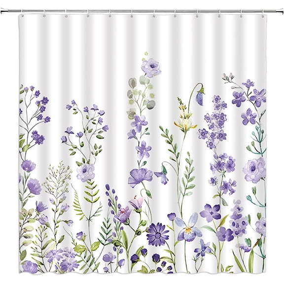 Purple Watercolor Floral Shower Curtain Lavender Flower Spring Blossom Plant Lilac Wisteria White Home Decor Fabric Bathroom Curtain Set with Hooks(84" Wx70 H)