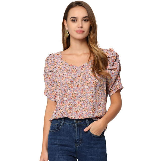 Top de verano de manga corta floral Allegra K Morado claro S