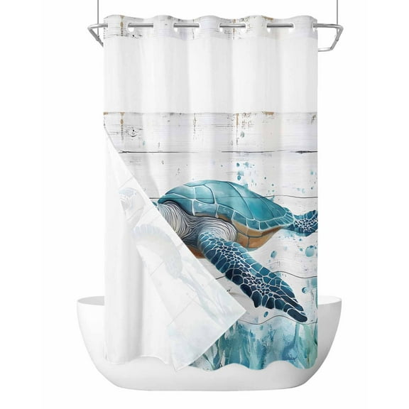No Hook Shower Curtains with Snap in Liner, Summer Sea Turtle Blue Fabric Shower Curtain, Coastal Ocean Seaweed Wood Grain Double Layers & See-Through Top Window Bathroom Curtains 54''x78''