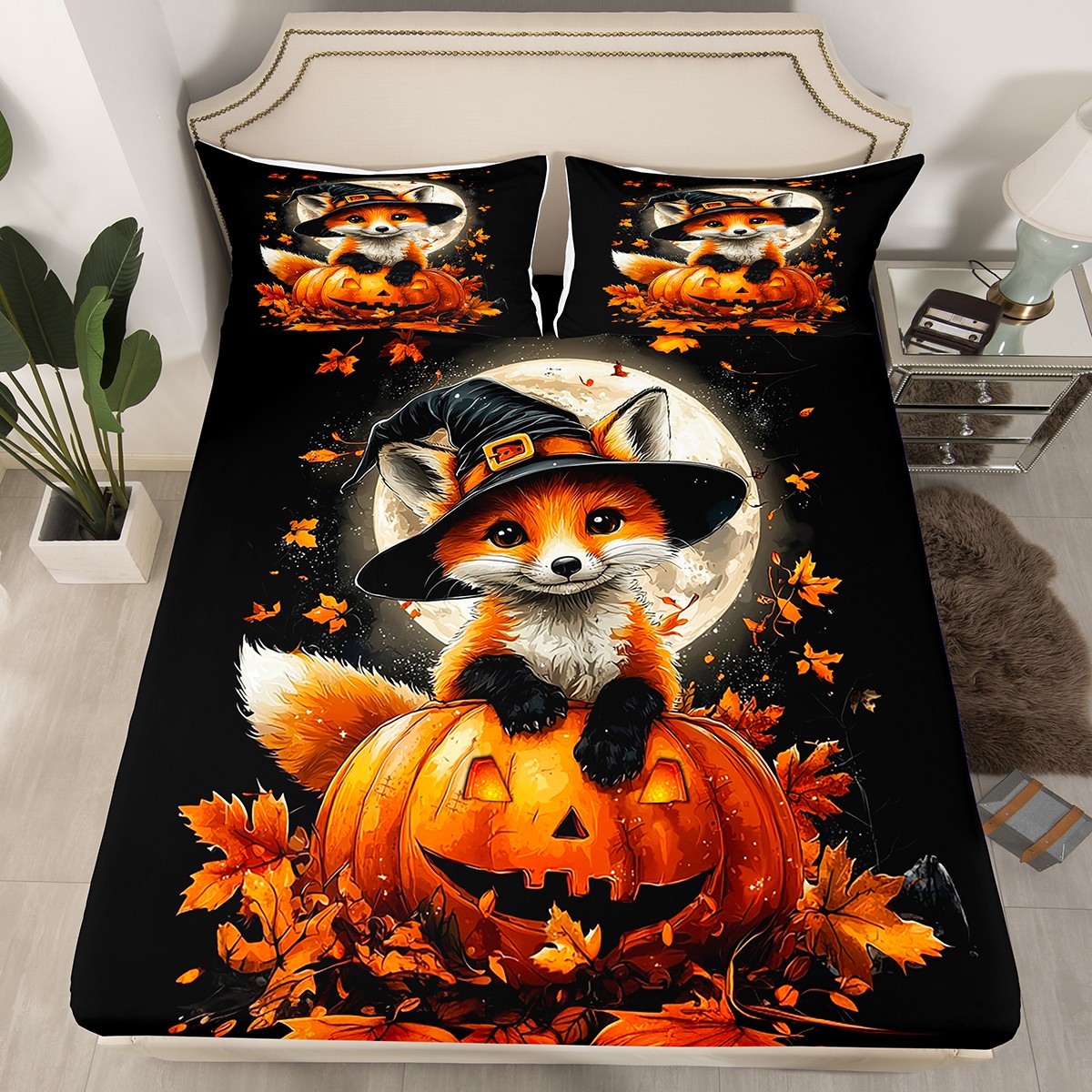 Manfei Halloween Duvet Cover Set King - Ghost & Pumpkin Print, Purple Castle Bedding For Kids, 3-Piece 5 thumbnail image