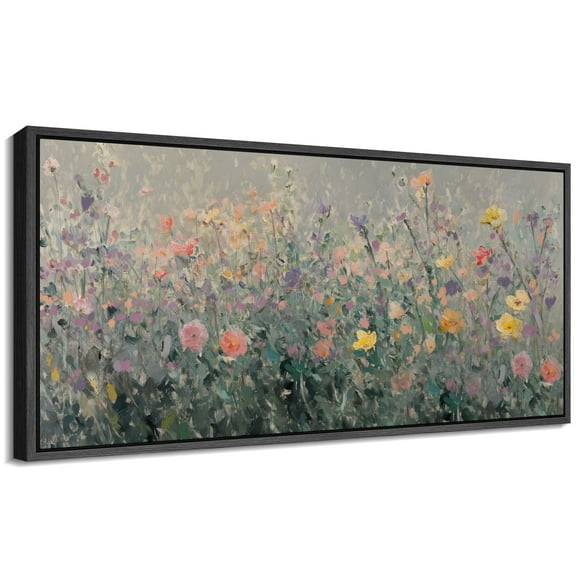 Large Framed Canvas Print Impressionist Wildflower MeadowWall Art Decorative Ready to Hang Painting for Living room Bedroom 60x30 inches Black Frame