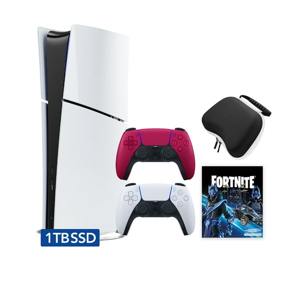 PlayStation 5 Slim Digital 1TB SSD Fortnite Cobalt Star Console with Two Controllers, White and Cosmic Red DualSense and Hard Shell Protective Controller Case - PS5 Slim Digital Console