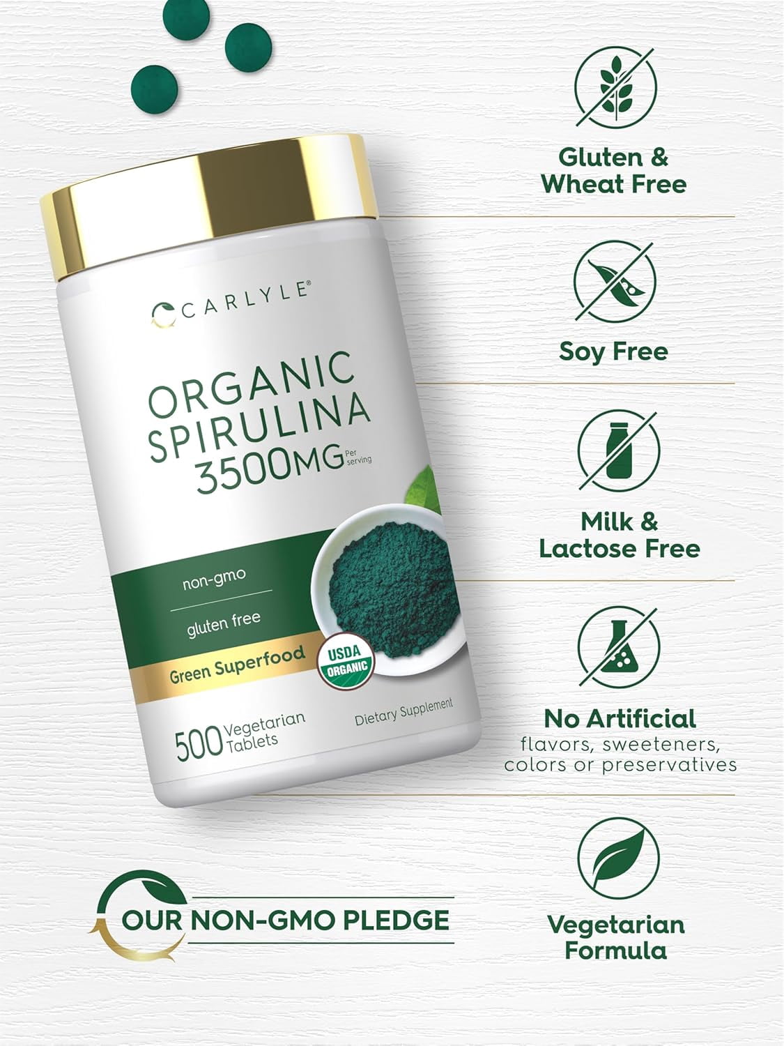 Organic Spirulina Capsules 3500mg | 500 Tablets | Non-GMO & Gluten Free