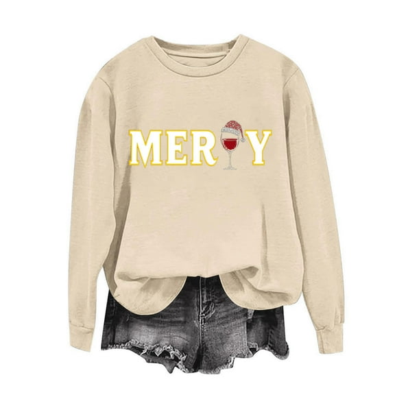 HOMBOM Womens Christmas Sweatshirts Crewneck Merry Holiday Graphic Light Up Xmas Pullover Sweatshirt for Adult Khaki