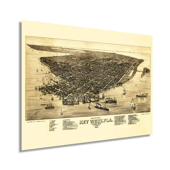 1884 Map of Key West Florida - Vintage Key West Poster -  History Map of Key West - Old Bird's Eye VIew of Key West Map Wall Art Poster Print