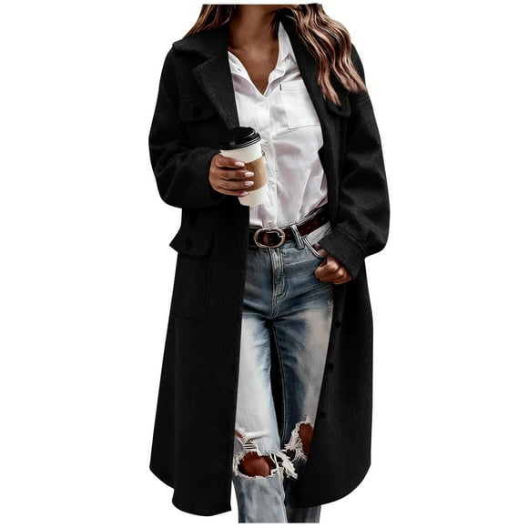 aohooy Women's Wool Jacket Trench Coat Women Single Breasted Notched Lapel Collar Pea Coats Winter Long Jackets Black,L