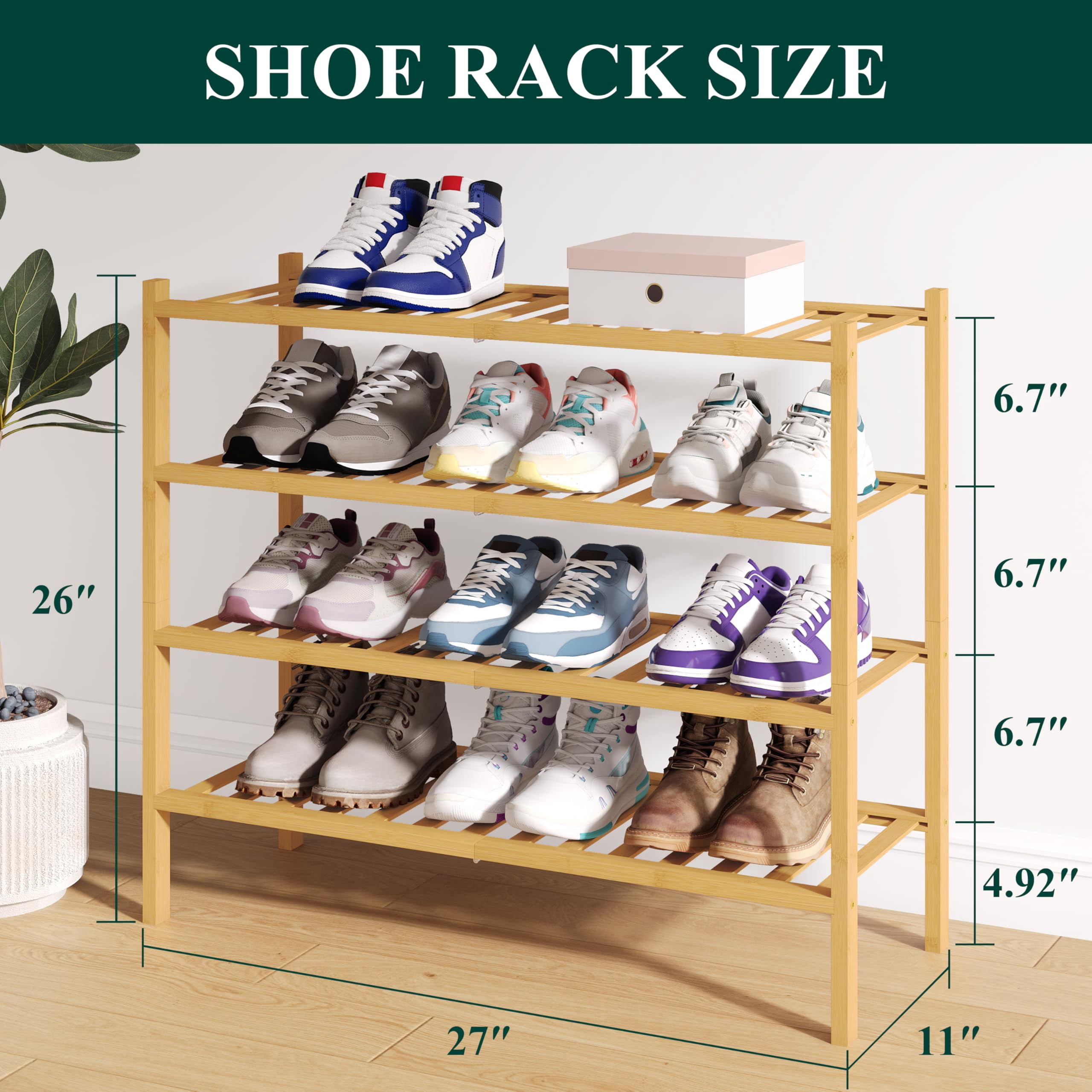 decorUhome Bamboo 4 Tier Shoe Rack for Closet, Shoe Storage Organizer, Wood Shoe Shelf for Entryway, Natural