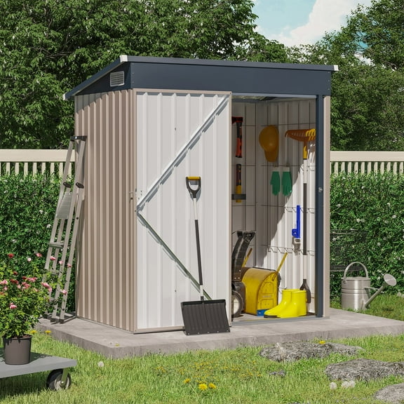 OC Orange-Casual 5' x 3' FT Outdoor Storage Shed, Metal Garden Tool Shed with Lockable Door, Outside Sheds & Storage Galvanized Steel, Brown