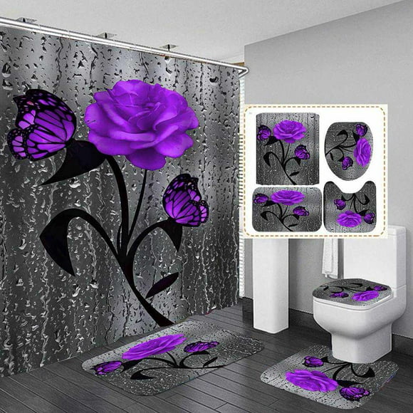4PCS Ocean Shower Curtain Teal Gray Rose Shower Curtain Sets with Non-Slip Rug Toilet Lid Cover and Bath Mat Rose Shower Curtain Waterproof Raindrops Shower Curtain for Bathroom